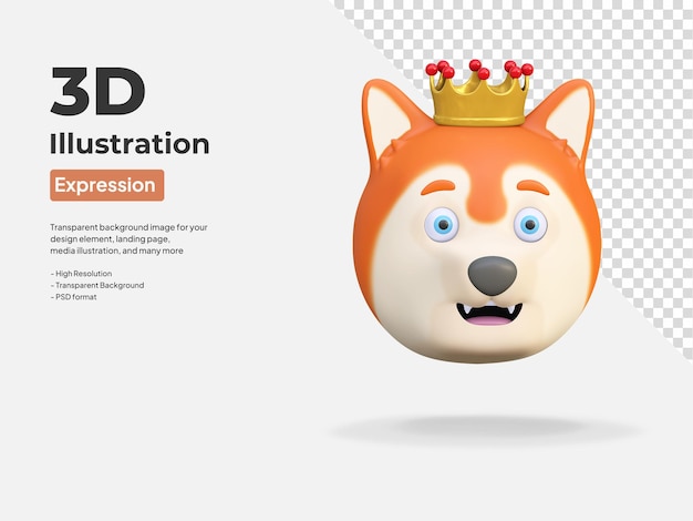 PSD cute dog wearing king crown emoticon cartoon 3d render illustration