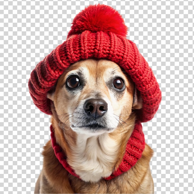 Cute dog wearing red knitted hat and scarf isolated on transparent background