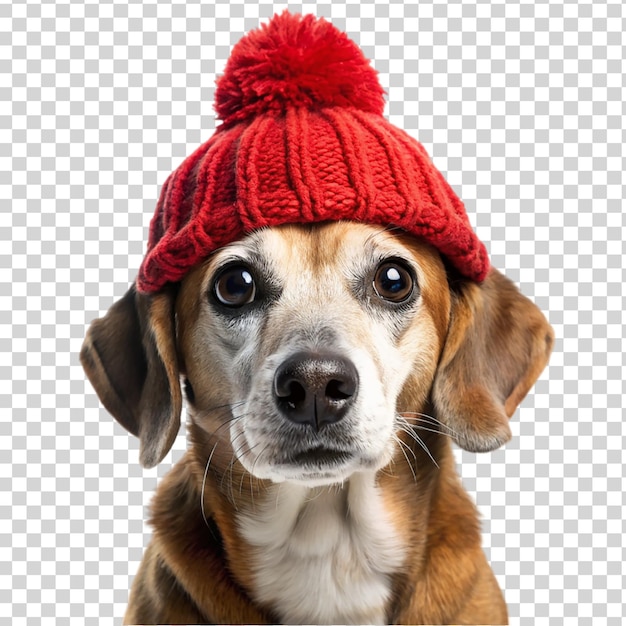 PSD cute dog wearing red knitted hat and scarf isolated on transparent background