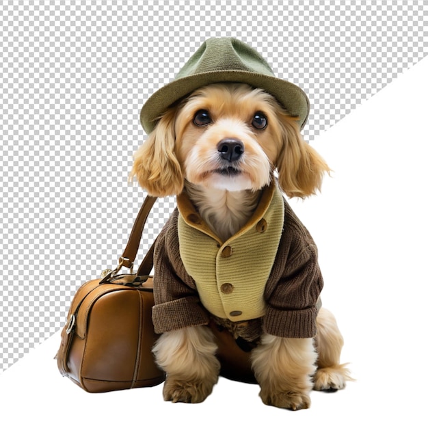 PSD cute dog wearing summer suit and holding summer bag on transparent background