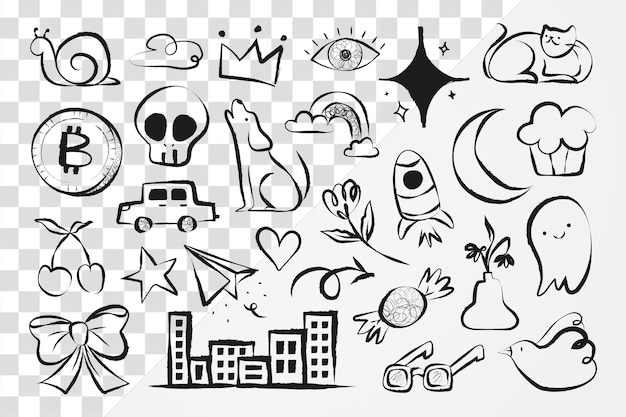 Cute doodle png naklejka estetyczne ilustracje kreskówkowe ustawione na przezroczystym tle