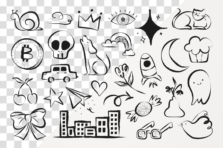 PSD cute doodle png naklejka estetyczne ilustracje kreskówkowe ustawione na przezroczystym tle