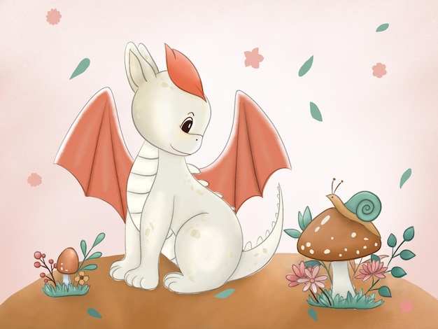 PSD cute dragon with snail on mushroom