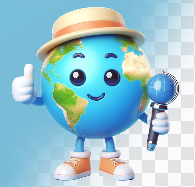 PSD cute earth character with explorer hat with transparent background