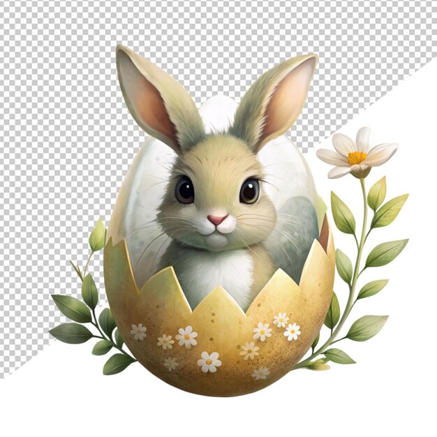 PSD cute easter bunny in cracked egg on transparent background