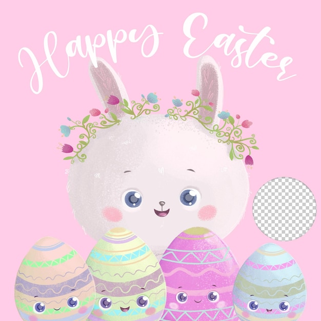 PSD cute easter bunny with painted eggs greeting card