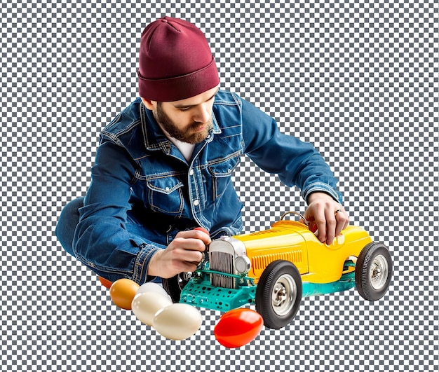 Cute Easter Egg Race Car Mechanic isolated on transparent background
