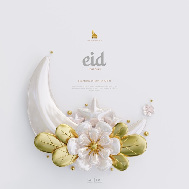 3d 초승달과 꽃으로 장식된 귀여운 Eid Al Fitr 인사말 배경