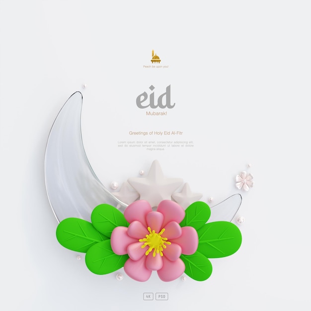 PSD cute eid al fitr greeting background decorated with 3d crescent moon and flowers