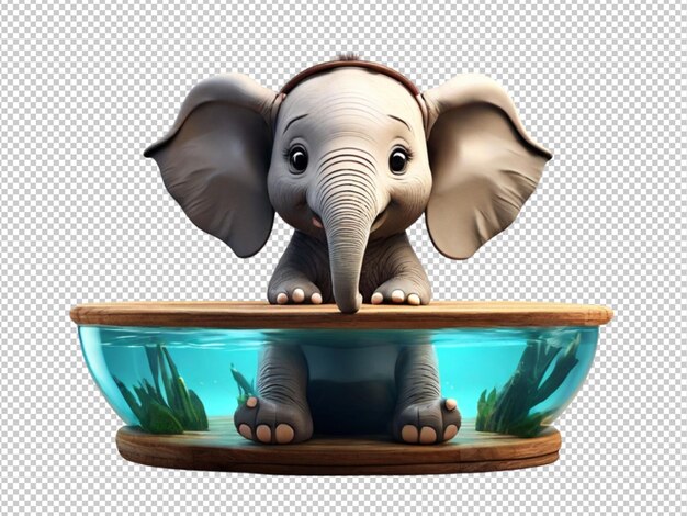 PSD cute elephant swimming in a wooden tup on transparent background