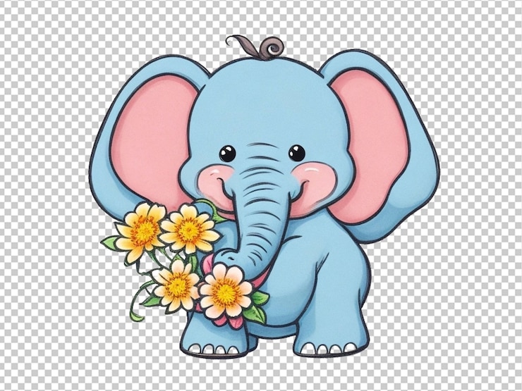 PSD cute elephant with a flower cartoon