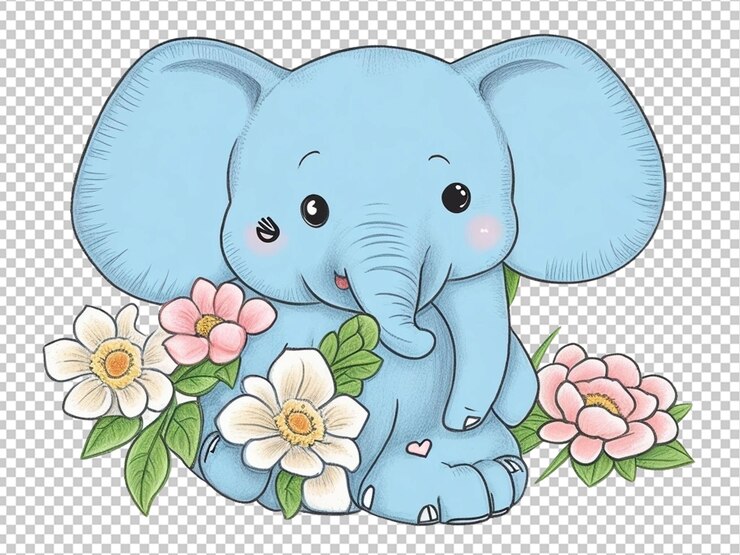 PSD cute elephant with a flower cartoon