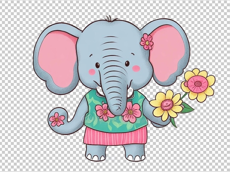 PSD cute elephant with a flower cartoon