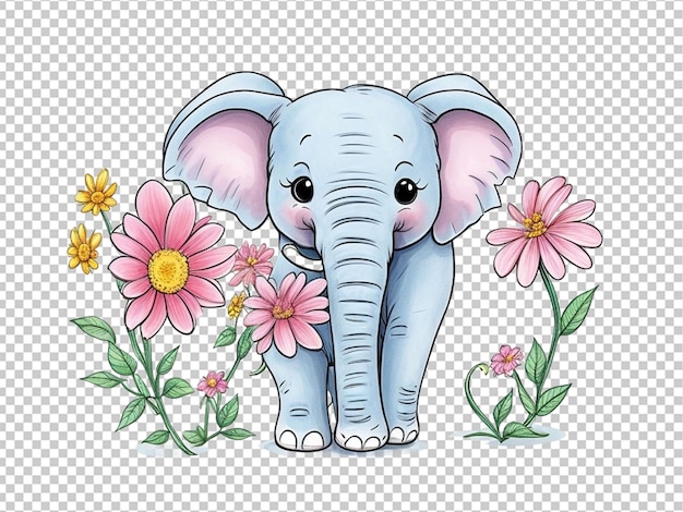 PSD elefante carino con un cartone animato di fiori