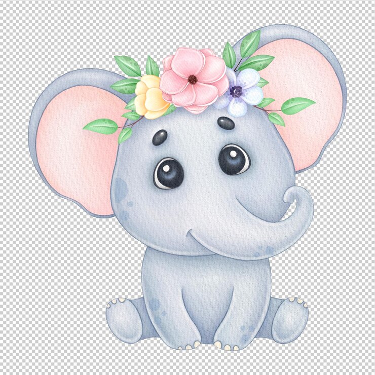 PSD cute elephant with flowers wreath watercolor illustration