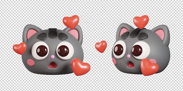 Cute emoticon cat in love isolated cat emoji concept 3d render illustration