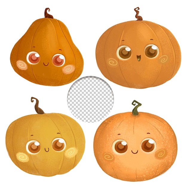 PSD cute fall halloween orange pumpkins set kawaii style isolated on white background