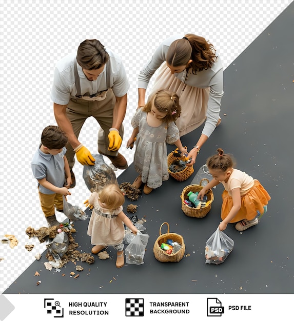 PSD cute family gathering garbage in the park png