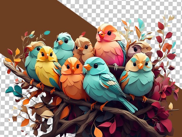 PSD cute flock of colorful birds on the tree branch