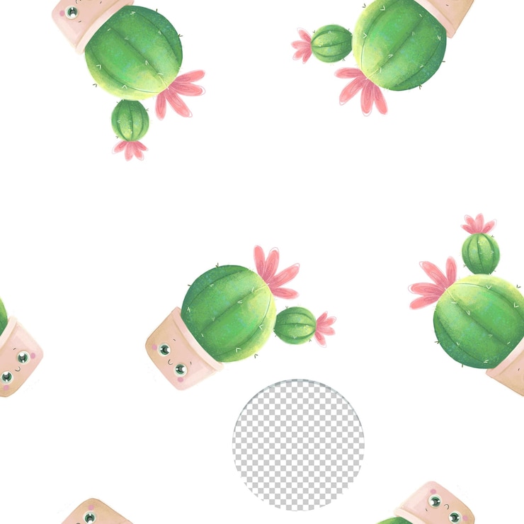 PSD cute flower cactus in a pot seamless pattern on white background
