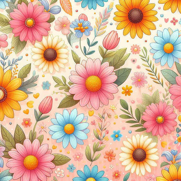 Cute flower on colorful background seamless pattern