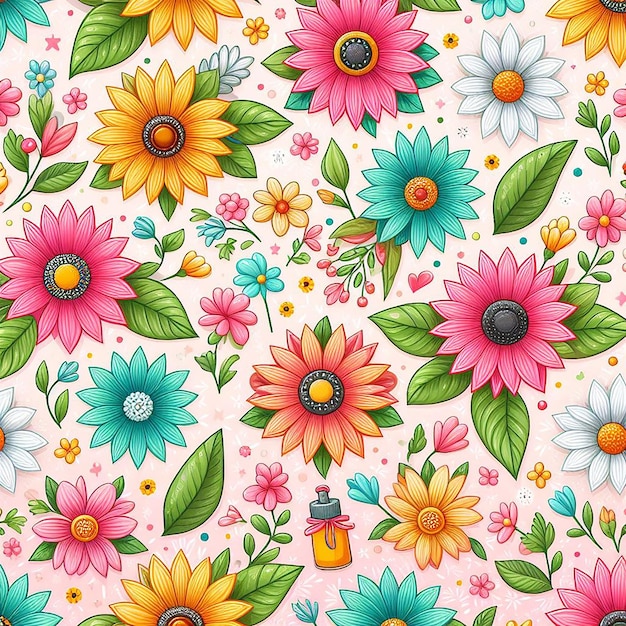 Cute flower on colorful background seamless pattern