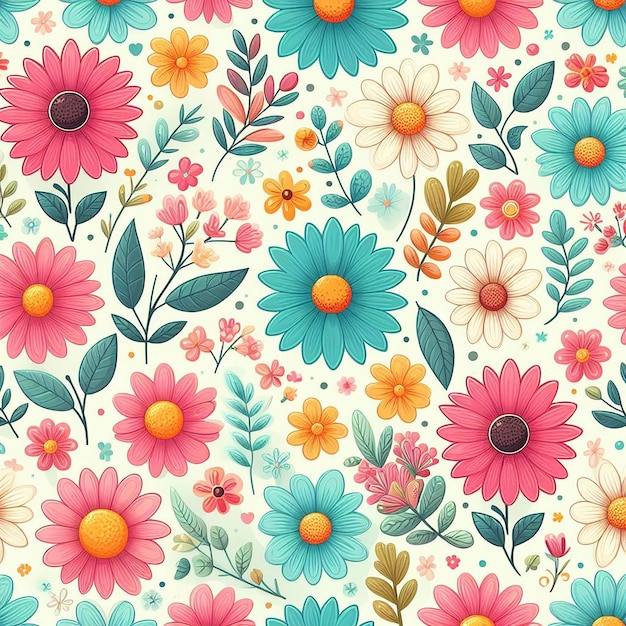 Cute flower on colorful background seamless pattern