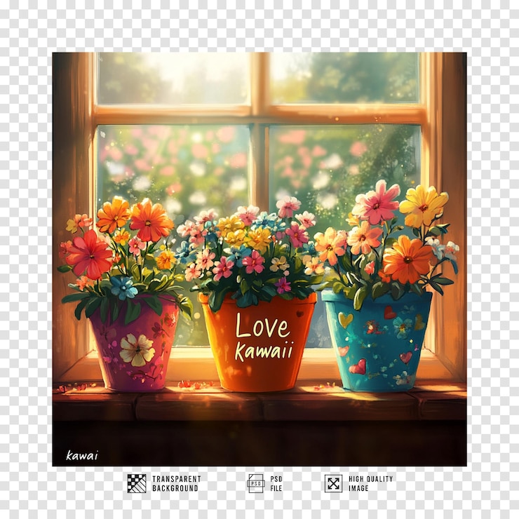 PSD cute flower pot image with colorful transparent background