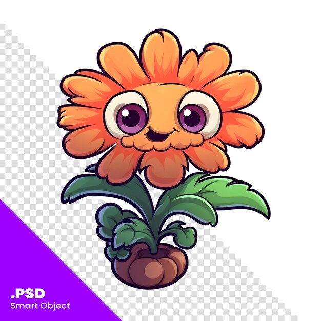 PSD sticker di fiori carini illustrazione vettoriale di un fiore con occhi e orecchie modello psd