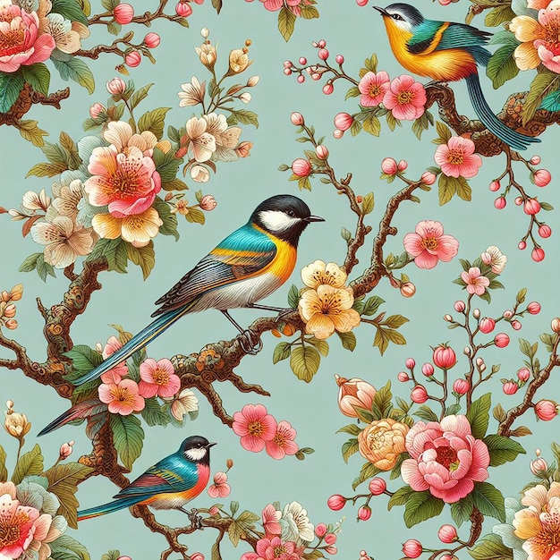 Cute flower with bird on colorful background seamless pattern