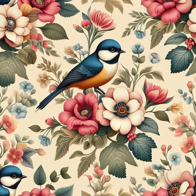 PSD cute flower with bird seamless pattern