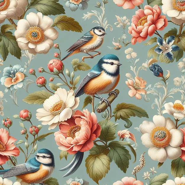 PSD cute flower with bird seamless pattern