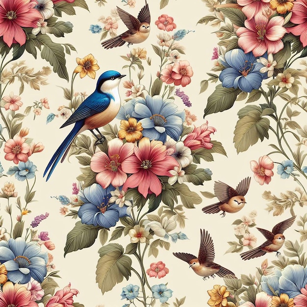 PSD cute flower with bird seamless pattern