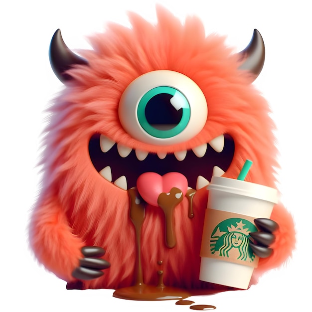 PSD cute fluffy fur monster sipping starbucks psd