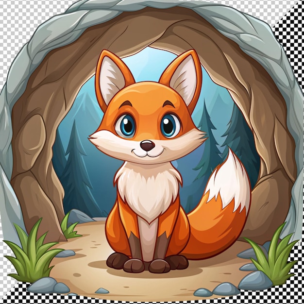 PSD cute fox in cave on transparent background