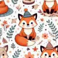 PSD cute fox colorful background seamless pattern