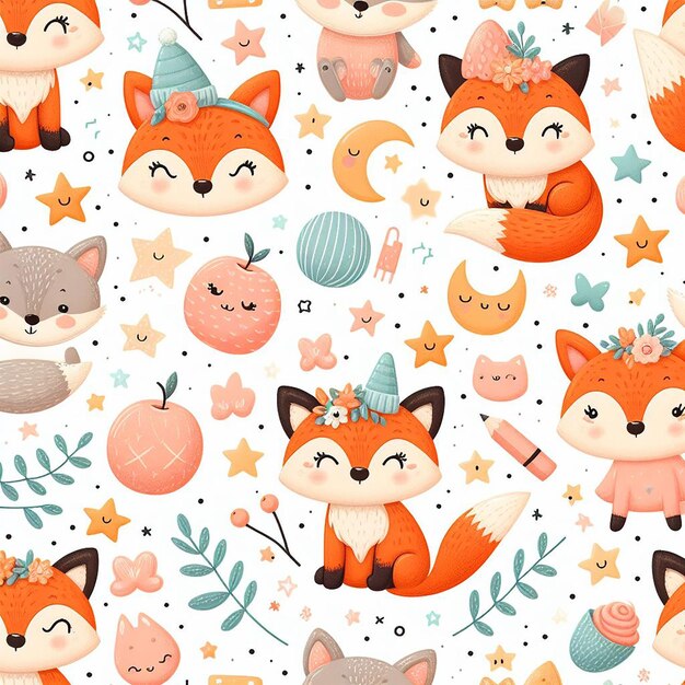 Cute fox colorful background seamless pattern