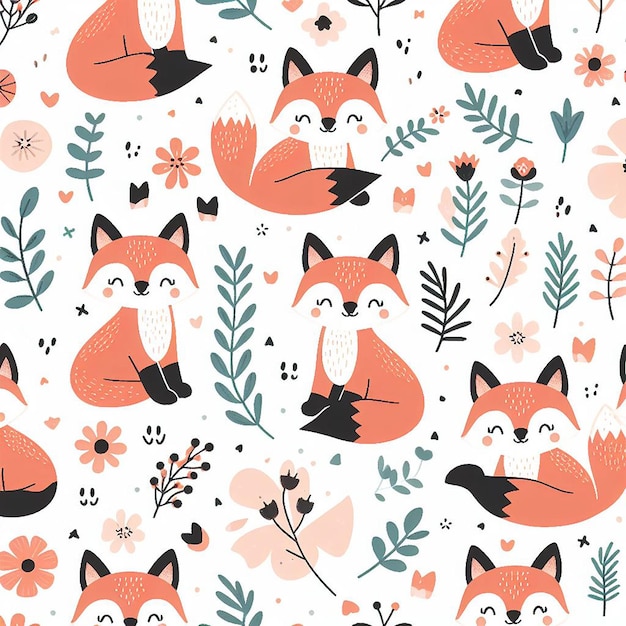 Cute fox colorful background seamless pattern