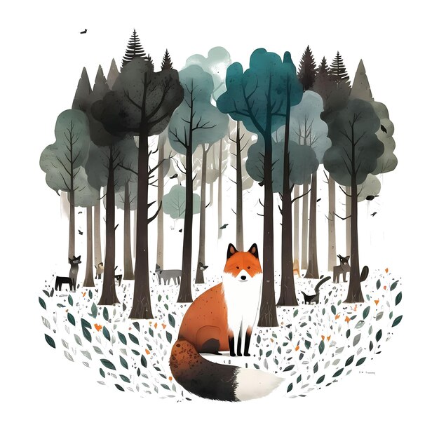 Cute fox in the forest 4096px png transparent 300dpi digital tshirt pod clipart copertina del libro wallart