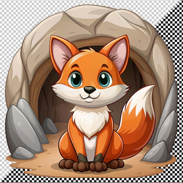 PSD cute fox in cave on transparent background