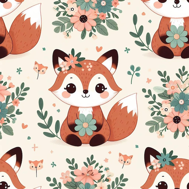 PSD cute fox with flower background seamless pattern