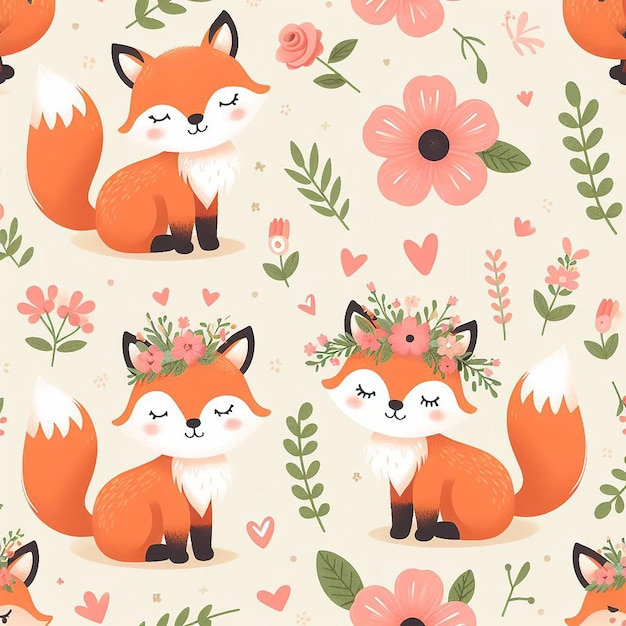 Cute fox with flower background seamless pattern