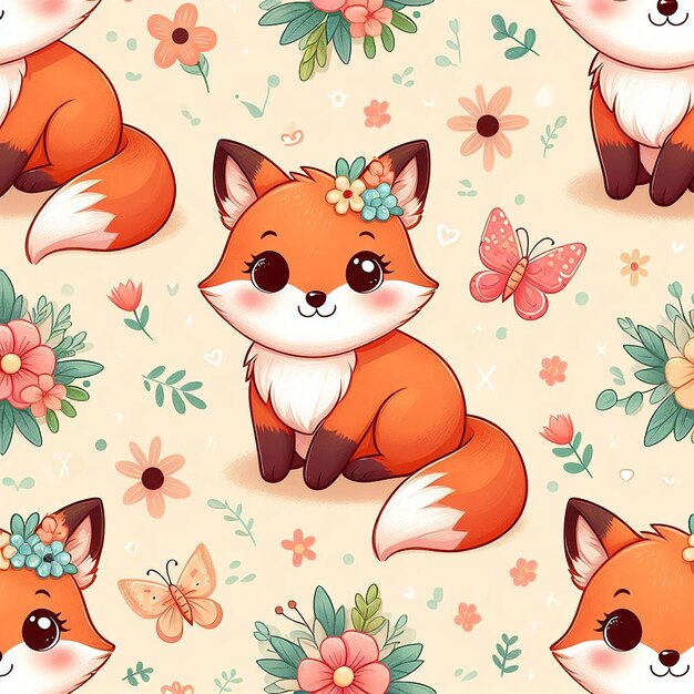 PSD cute fox with flower background seamless pattern