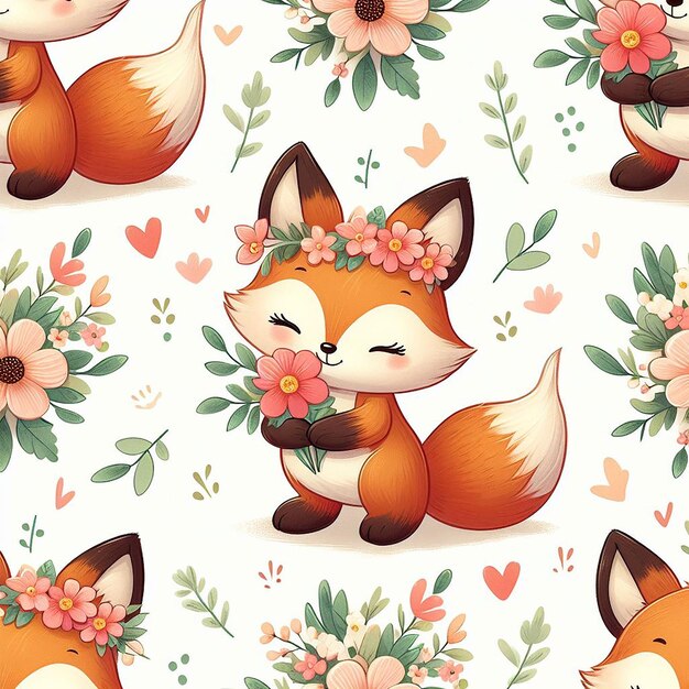 PSD cute fox with flower background seamless pattern