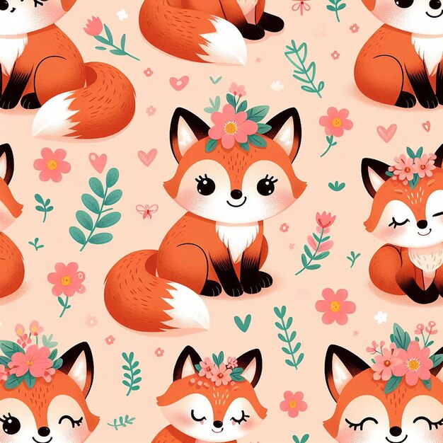 PSD cute fox with flower background seamless pattern