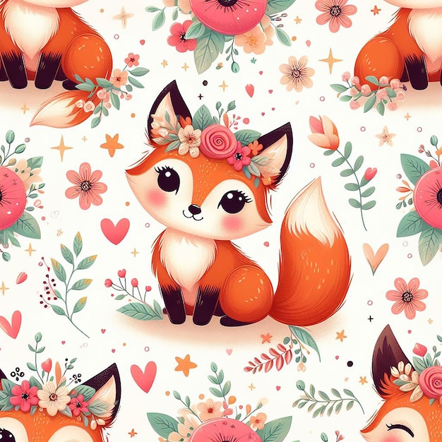 PSD cute fox with flower background seamless pattern