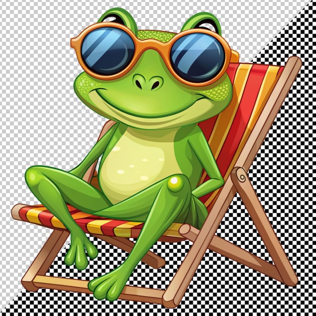 PSD una rana carina con gli occhiali da sole seduta sul ponte su uno sfondo trasparente