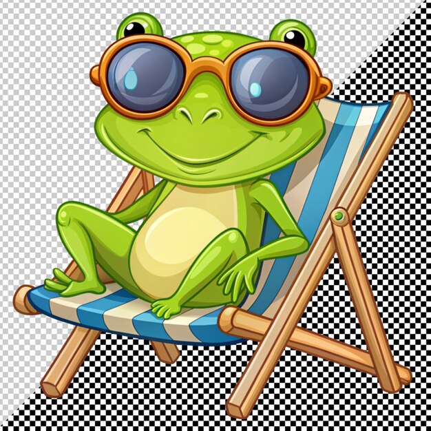 PSD cute frog with sunglasses sitting on deck vector on transparent background