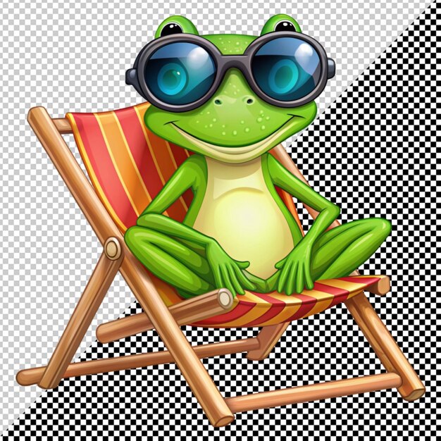 PSD cute frog with sunglasses sitting on deck vector on transparent background