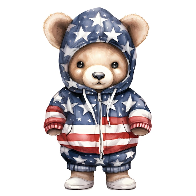 PSD piccolo orso divertente che indossa la bandiera americana illustrazione di clip